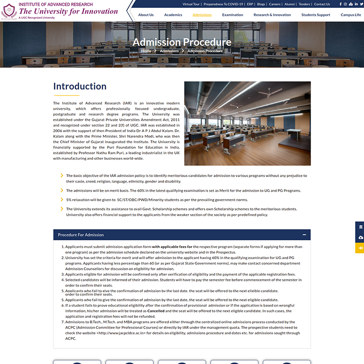 IAR - Institute of Advanced Research - Admission Procedure Page